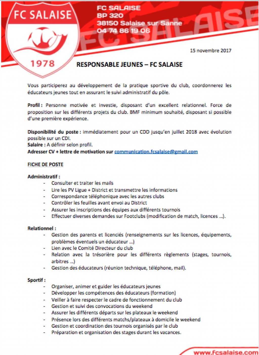 Offre d'emploi - Responsable jeunes - FC Salaise Petites Offre d'emploi - Responsable jeunes - FC Salaise Petites