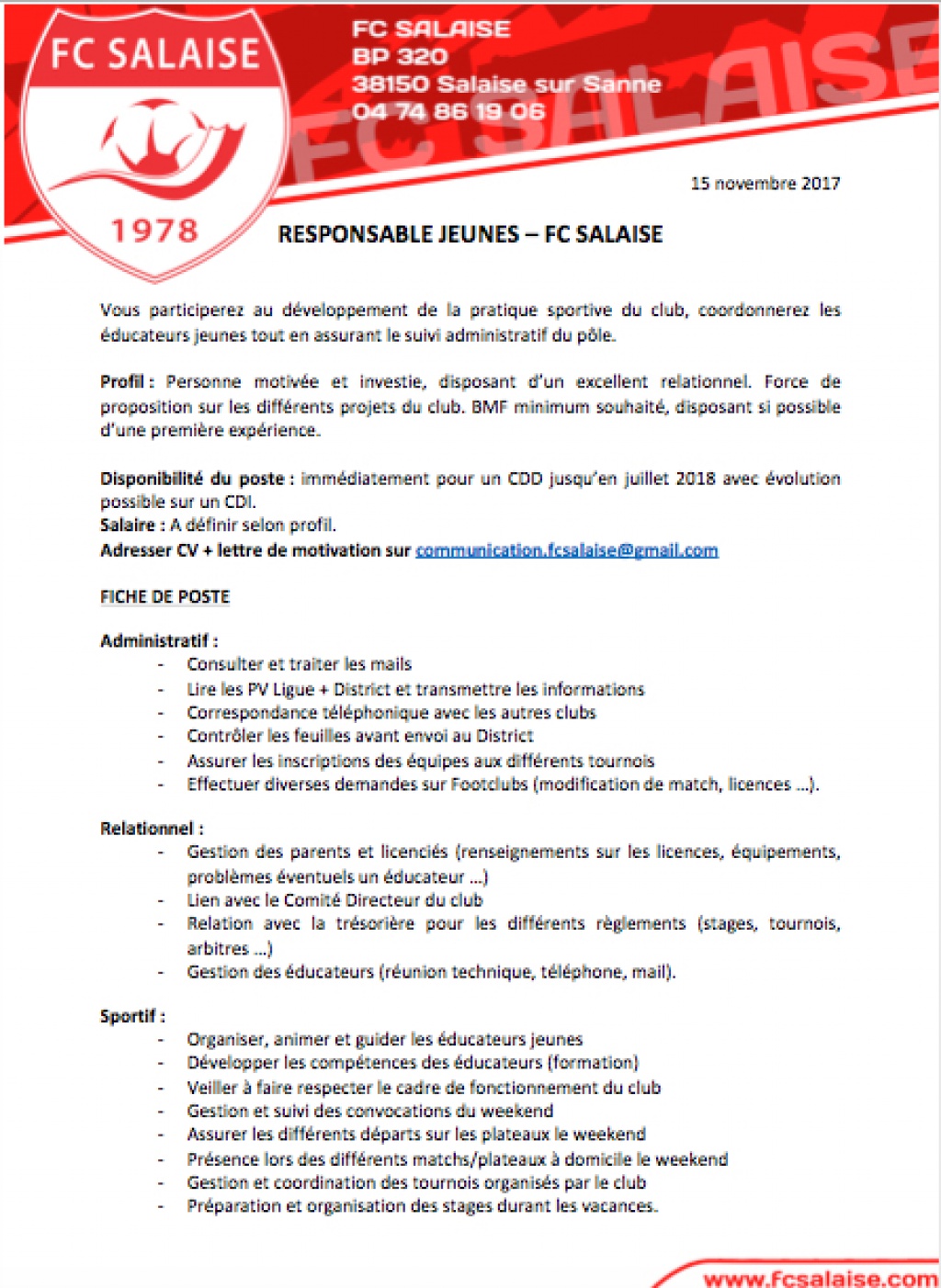 Offre d'emploi - Responsable jeunes - FC Salaise