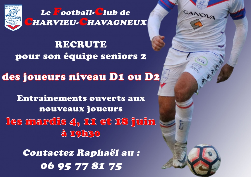 Le FC CHARVIEU-CHAVAGNEUX recrute JOUEURS seniors niveau D1 ou D2