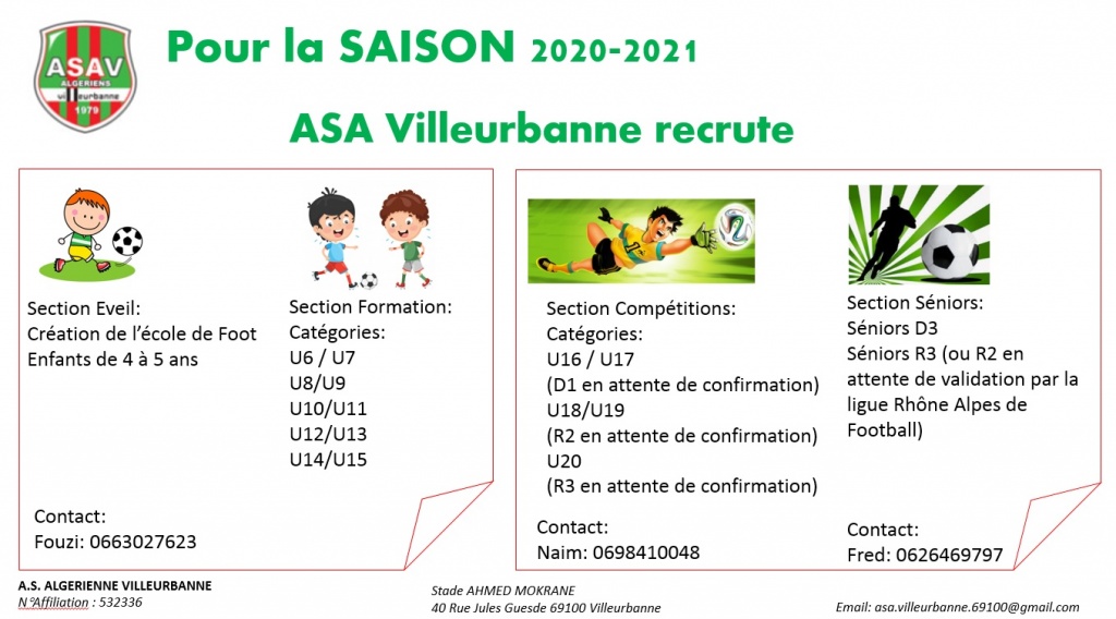 ASA Villeurbanne recrute pour ses équipes de jeunes et séniors (Niv R3/R2)