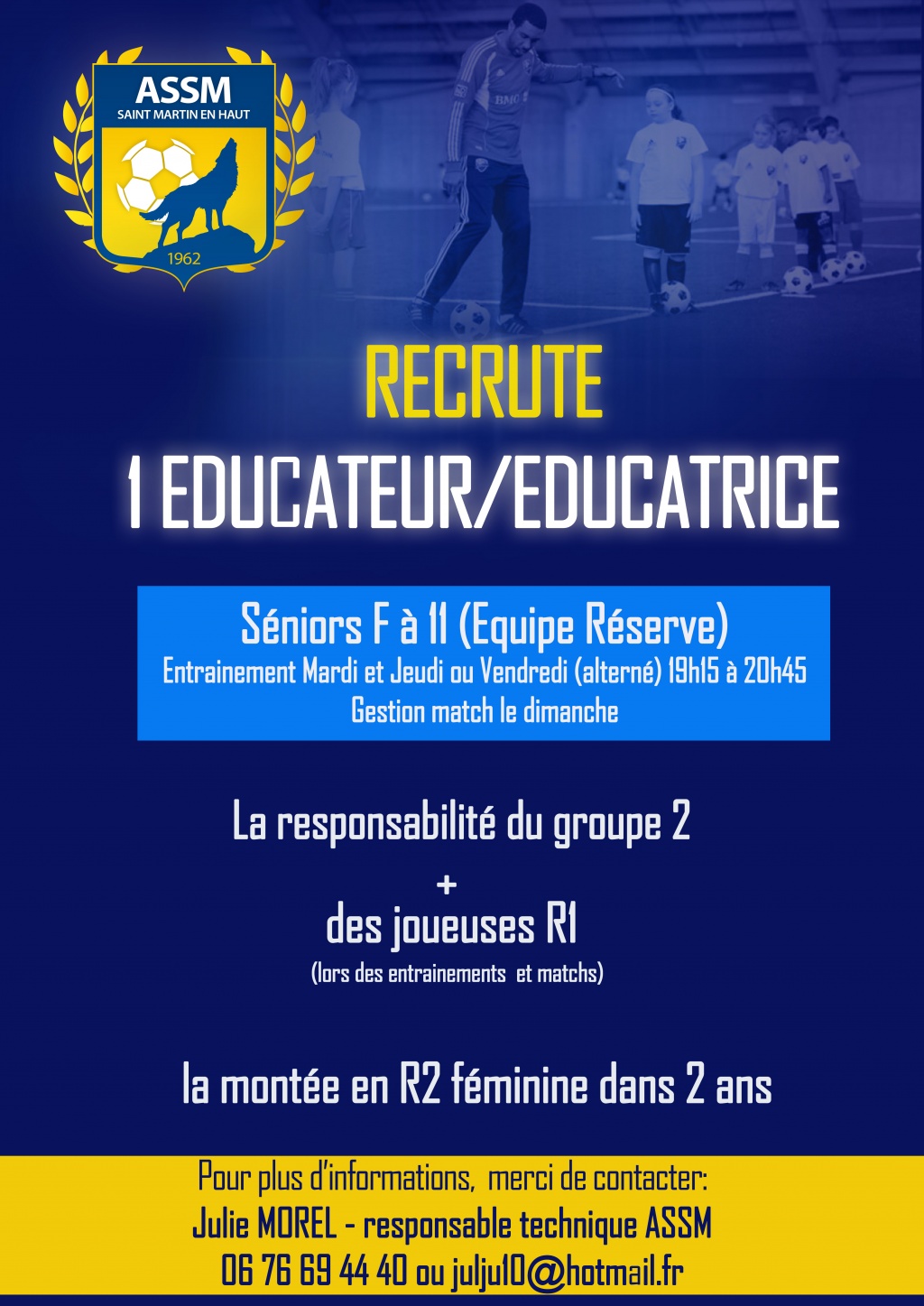 URGENT!!! Recherche 1 Educateur/Educatrice Equipe 2 Séniors Féminine