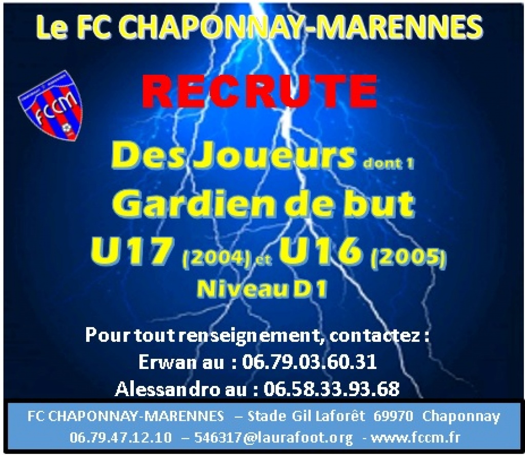 Le FC CHAPONNAY-MARENNES RECHERCHE des U16-U17