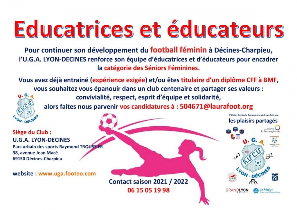 L' U.G.A. LYON-DECINES renforce son équipe d'éducatrices et d'éducateurs pour encadrer la catégorie des Séniors Féminines !