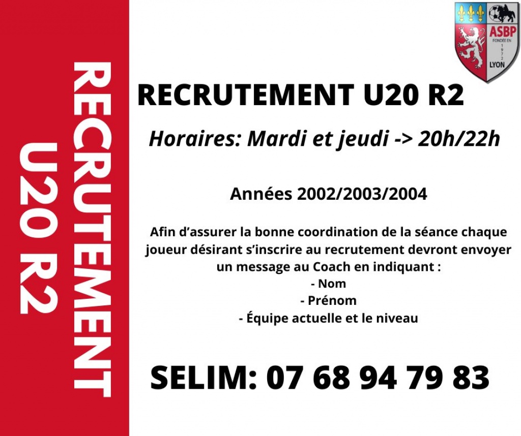RECRUTEMENT 2021/2022 U20 R2 AS BELLECOUR PERRACHE