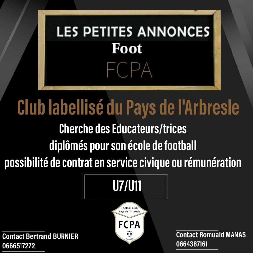 FC Pays de l'Arbresle recherche des éducateurs (trices) pour son Ecole de Foot