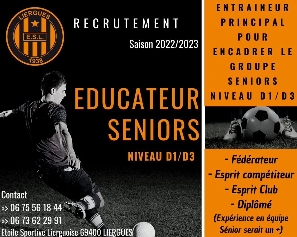 Recherche Educateur Seniors D1/D3 Saison 2022/2023