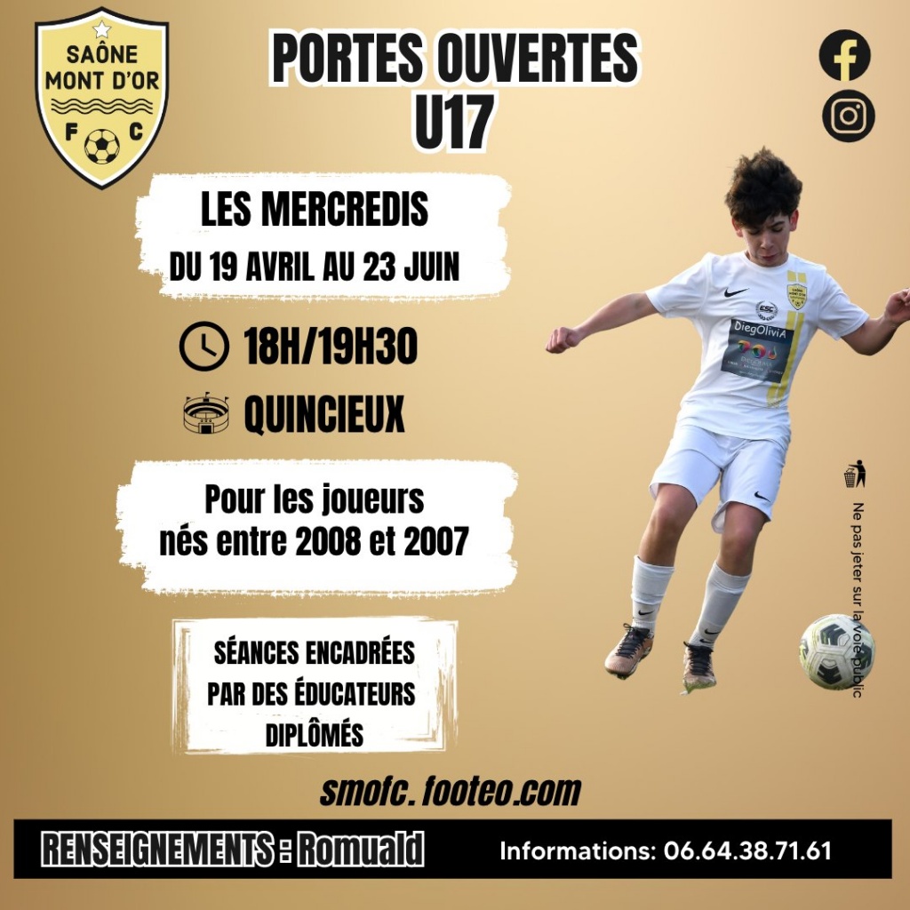 SAÔNE MONT D'OR FC RECRUTEMENT JOUEURS U17 SAISON 23/24 