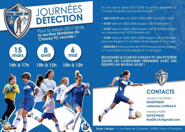 Foot Féminin - Journées détections au CHAZAY FC Foot Féminin - Journées détections au CHAZAY FC