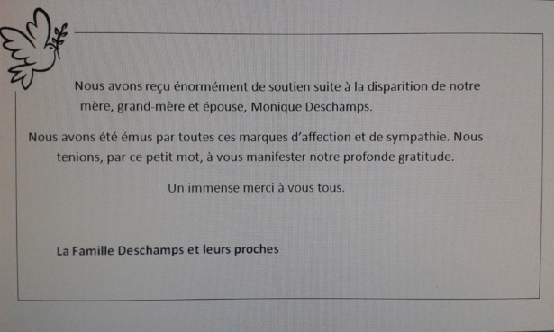 Décès Monique DESCHAMPS - La famille remercie Décès Monique DESCHAMPS - La famille remercie
