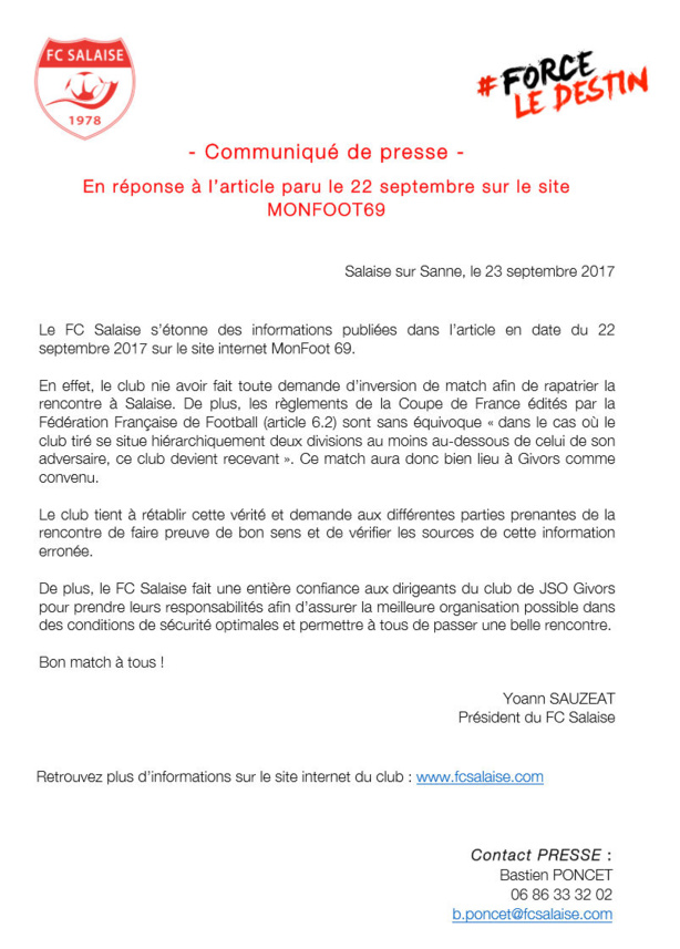 Coupe de France - Le FC SALAISE communique... Coupe de France - Le FC SALAISE communique...