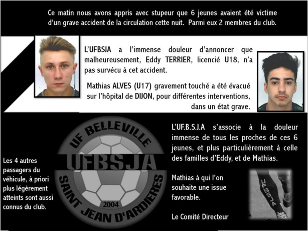 Carnet noir - Un jeune de L'UF BELLEVILLE SAINT-JEAN est décédé, un autre dans un état grave Carnet noir - Un jeune de L'UF BELLEVILLE SAINT-JEAN est décédé, un autre dans un état grave