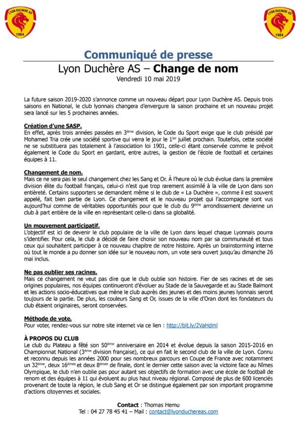 Communiqué - LYON-DUCHERE AS change de nom