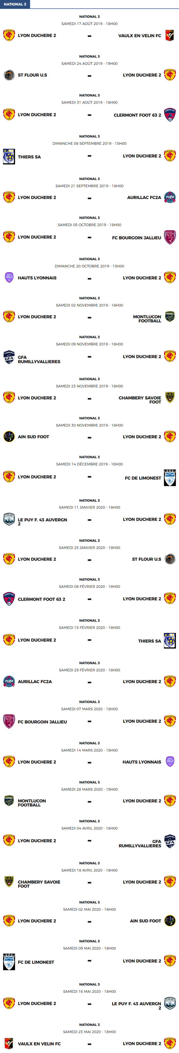 National 3 - Le calendrier des matchs de la réserve de Lyon Duchère AS National 3 - Le calendrier des matchs de la réserve de Lyon Duchère AS