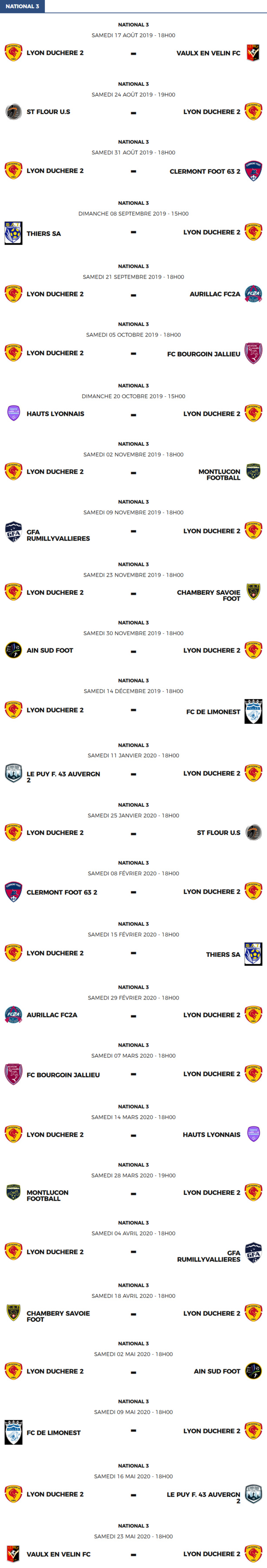 National 3 - Le calendrier des matchs de la réserve de Lyon Duchère AS