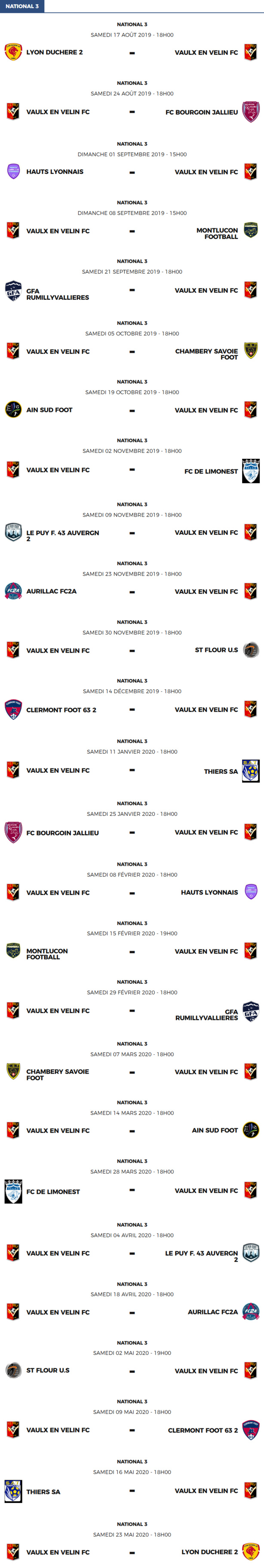 National 3 - Le calendrier des matchs du FC Vaulx-en-Velin
