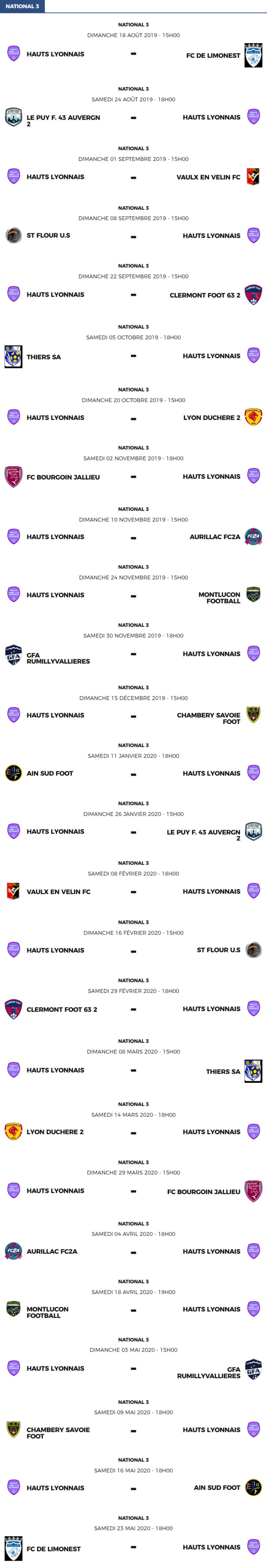 National 3 - Le calendrier des matchs de Hauts Lyonnais National 3 - Le calendrier des matchs de Hauts Lyonnais