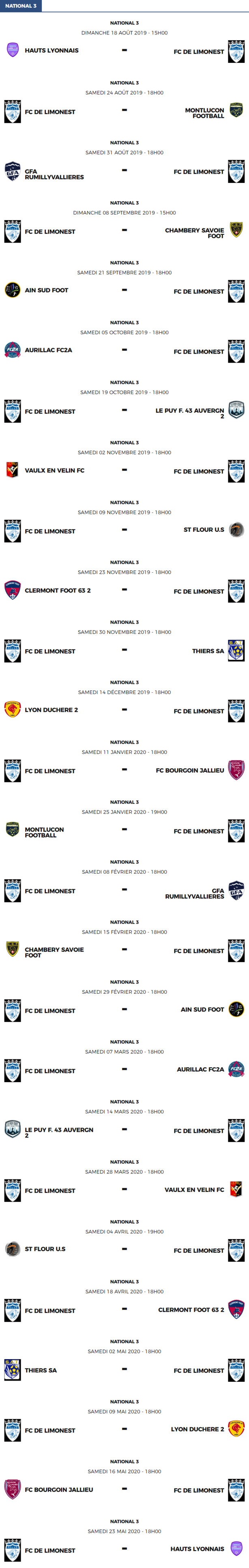 National 3 - Le calendrier des matchs du FC Limonest Saint-Didier National 3 - Le calendrier des matchs du FC Limonest Saint-Didier