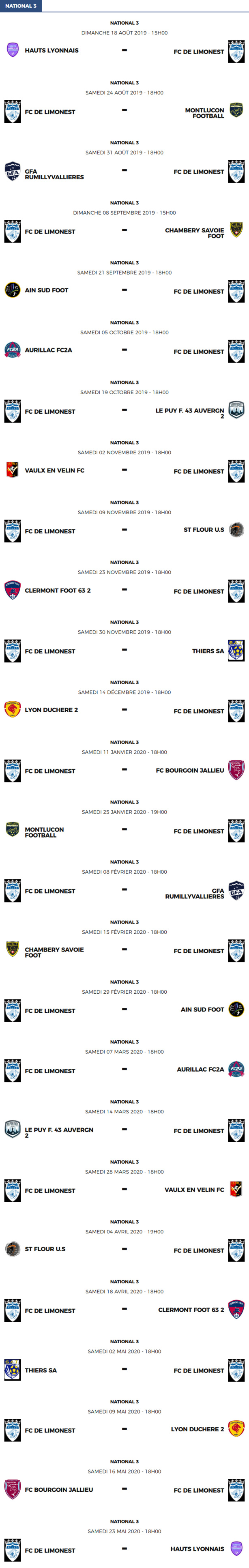 National 3 - Le calendrier des matchs du FC Limonest Saint-Didier