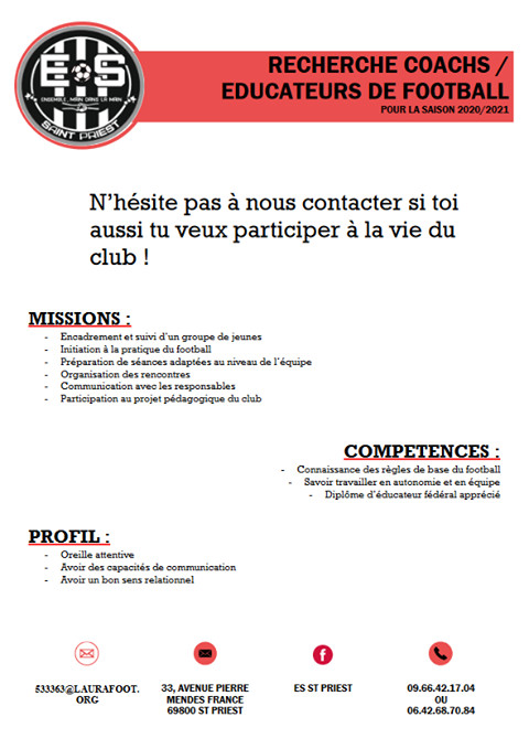 L'ES Saint-Priest recherche des éducateurs pour la saison prochaine L'ES Saint-Priest recherche des éducateurs pour la saison prochaine
