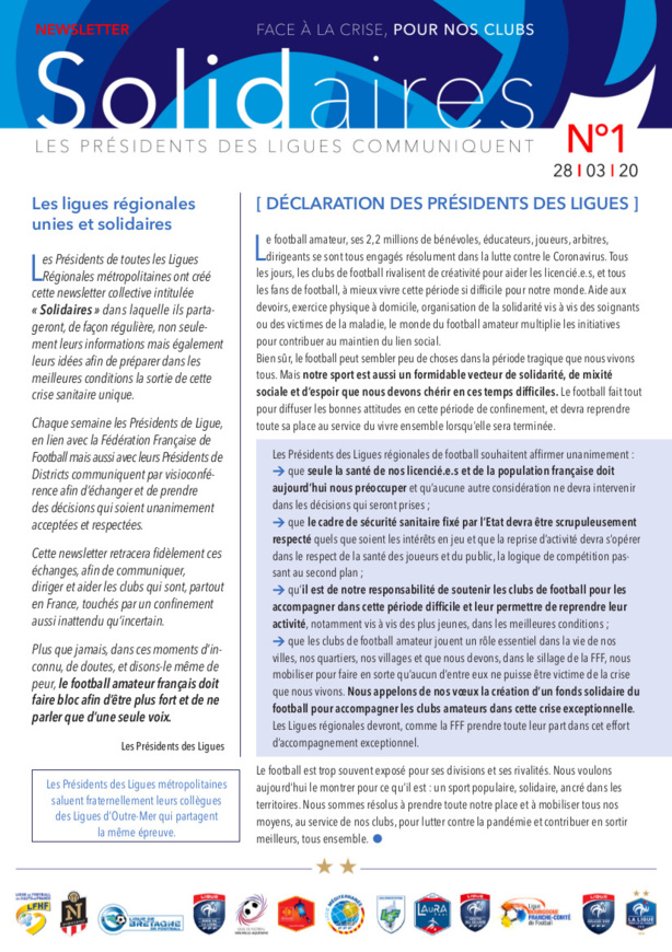 Football : les présidents de Ligue communiquent : « Solidaires, face à la crise, pour nos clubs » Football : les présidents de Ligue communiquent : « Solidaires, face à la crise, pour nos clubs »