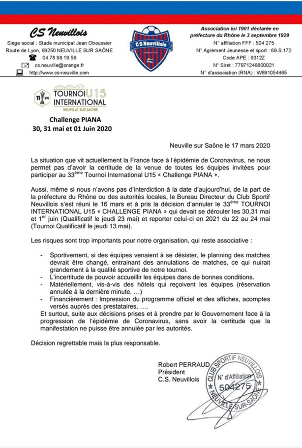 Le Tournoi International de Neuville reporté Le Tournoi International de Neuville reporté