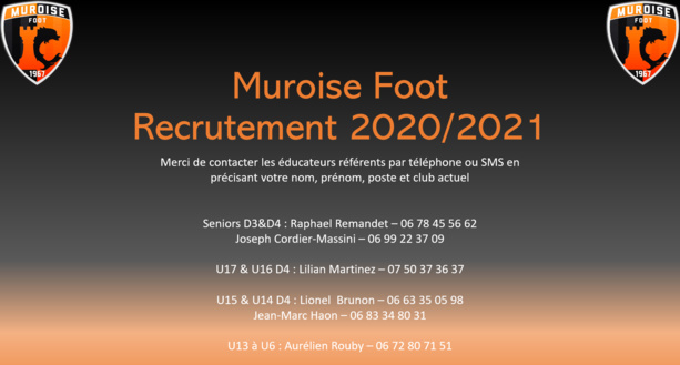 Recrutement Muroise Foot pour la saison 2020-2021 Recrutement Muroise Foot pour la saison 2020-2021