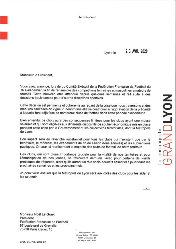 La Métropole de Lyon se positionne en soutien du foot amateur et adresse un courrier à Le Graët La Métropole de Lyon se positionne en soutien du foot amateur et adresse un courrier à Le Graët