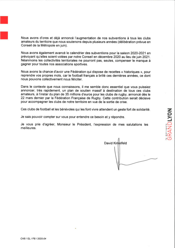 La Métropole de Lyon se positionne en soutien du foot amateur et adresse un courrier à Le Graët La Métropole de Lyon se positionne en soutien du foot amateur et adresse un courrier à Le Graët