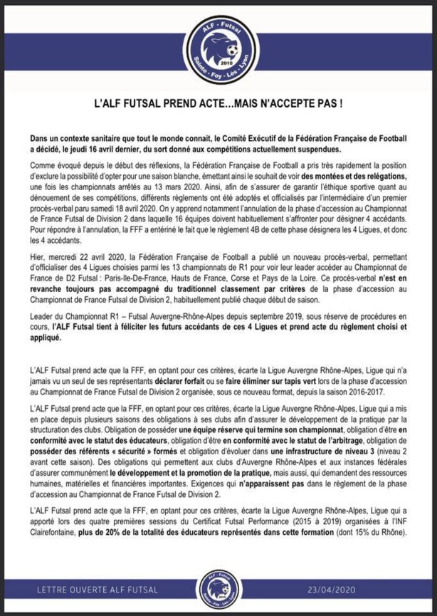 Privé d'accession en D2 ALF Futsal envisage "une démarche de conciliation auprès du CNOSF" pour faire valoir ses droits Privé d'accession en D2 ALF Futsal envisage "une démarche de conciliation auprès du CNOSF" pour faire valoir ses droits