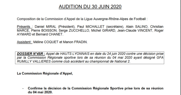 L'appel de Hauts-Lyonnais rejeté L'appel de Hauts-Lyonnais rejeté