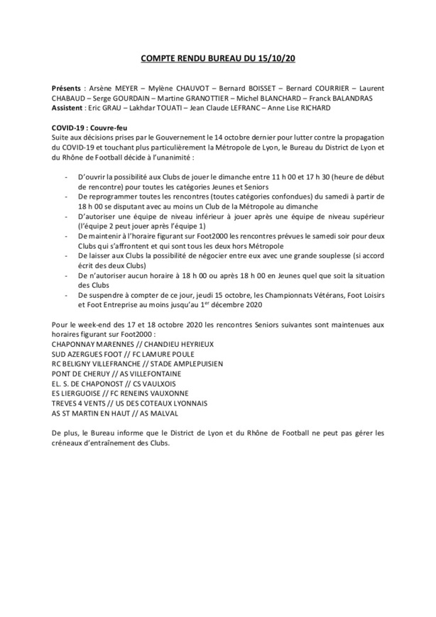 Les décisions du District du Rhône suite au couvre feu Les décisions du District du Rhône suite au couvre feu