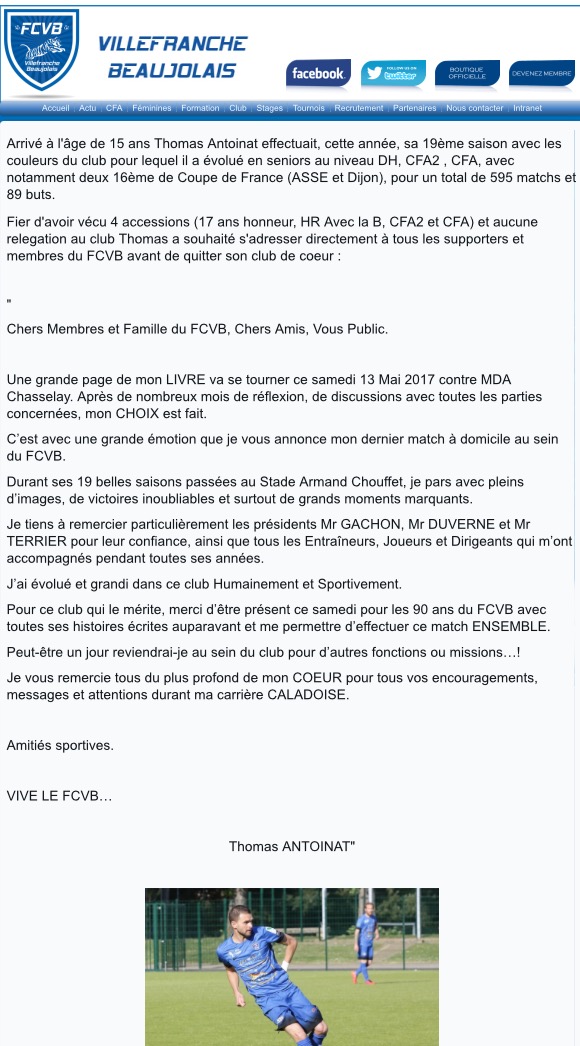 FC Villefranche - La lettre d'adieux de T. ANTOINAT aux supporters