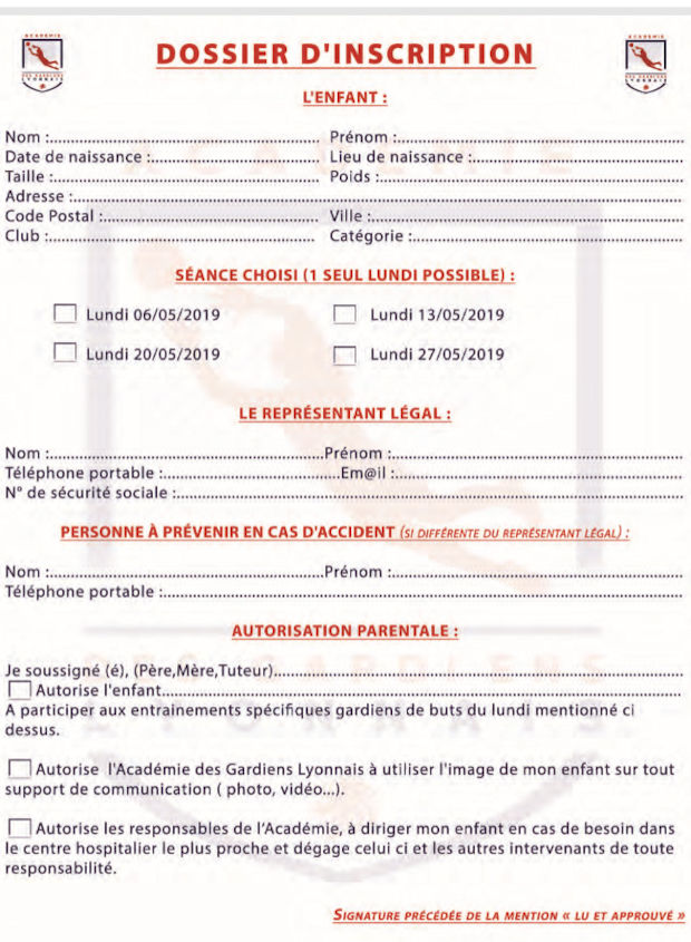 Académie des GARDIENS LYONNAIS - Les inscriptions sont ouvertes pour la saison 2019-2010 Académie des GARDIENS LYONNAIS - Les inscriptions sont ouvertes pour la saison 2019-2010