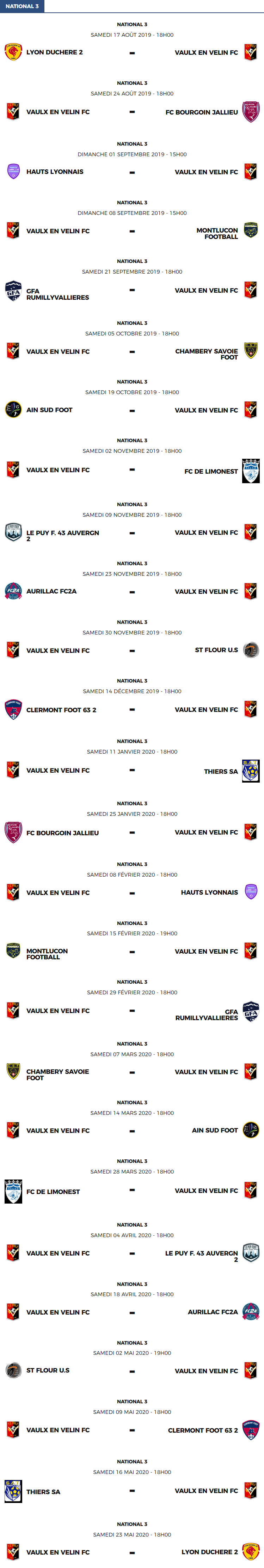 National 3 - Le calendrier des matchs du FC Vaulx-en-Velin