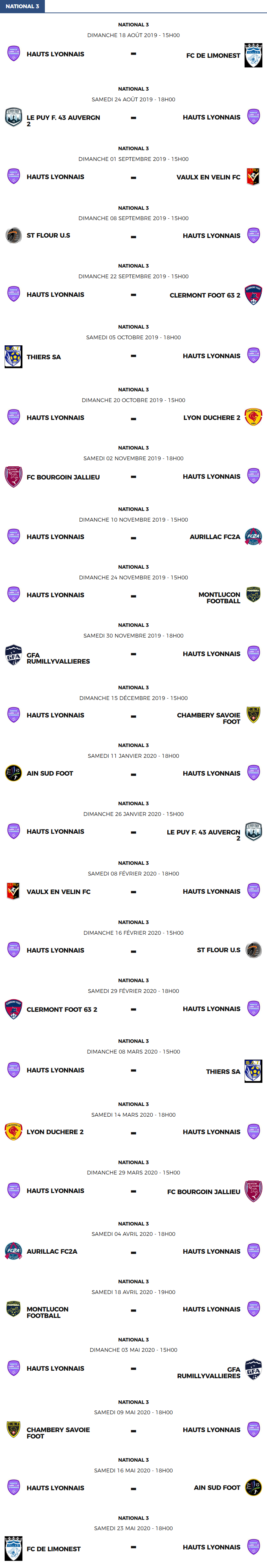 National 3 - Le calendrier des matchs de Hauts Lyonnais