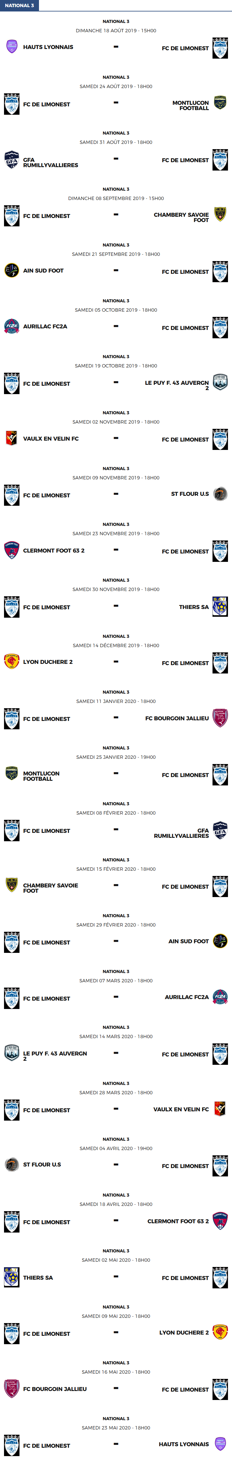National 3 - Le calendrier des matchs du FC Limonest Saint-Didier