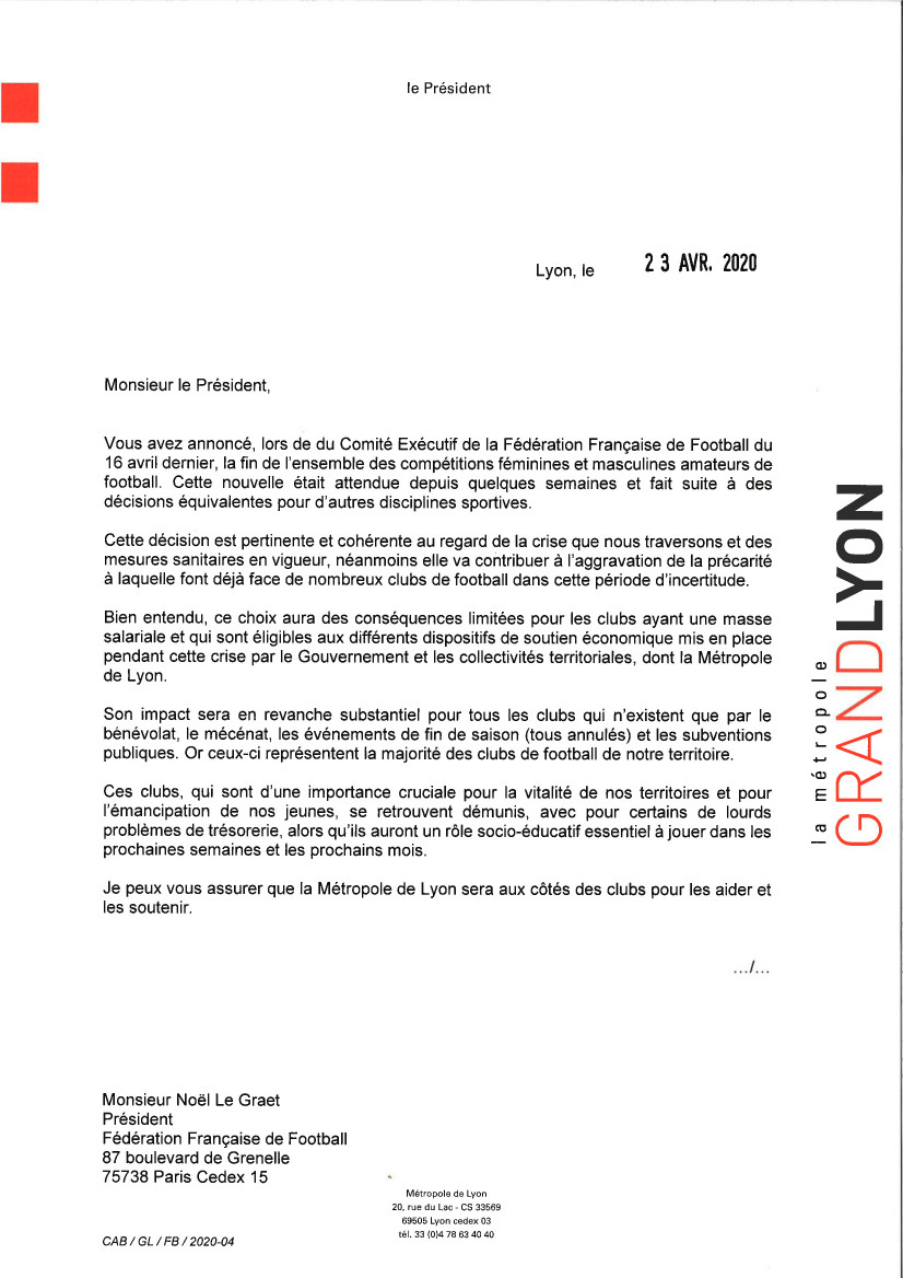 La Métropole de Lyon se positionne en soutien du foot amateur et adresse un courrier à Le Graët